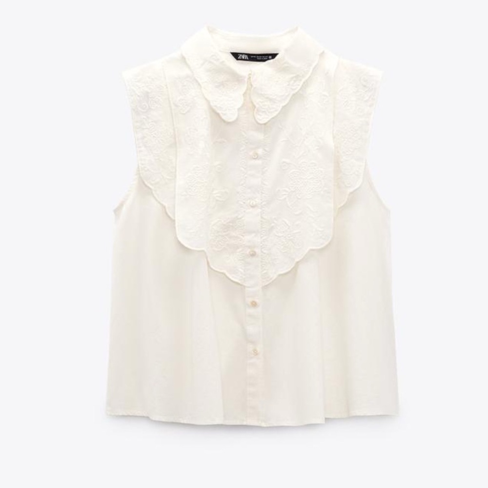 Zara Cream Sleeveless Blouse with Embroidered Detail